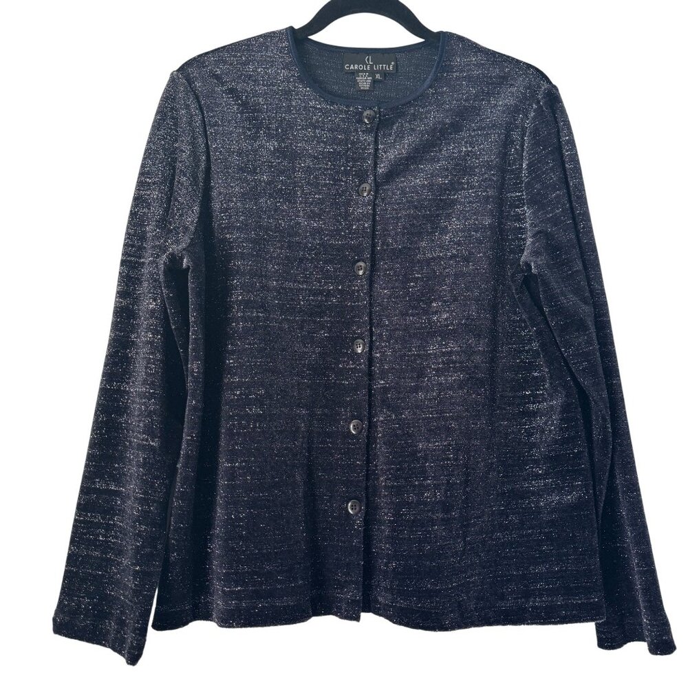 Carole Little Blue Shimmer Velvet Button Cardigan Top Made In USA, Size XL